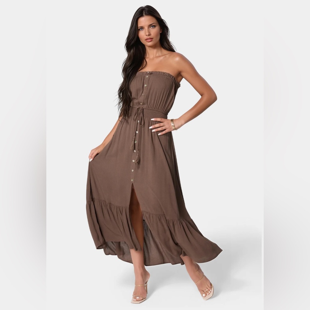 bebe Strapless Brown Maxi Dress